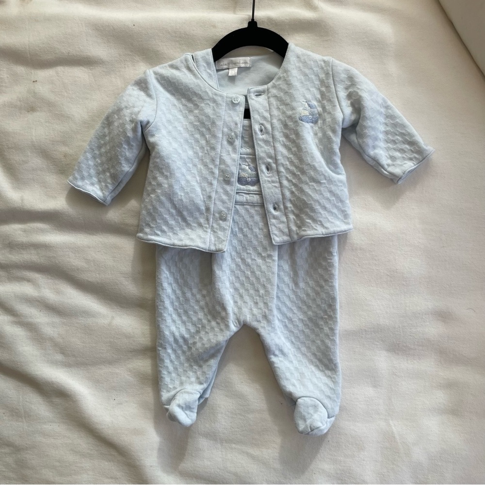Bebe bombom blue sailboat onesie with matching sweater - matching set 0-3 months